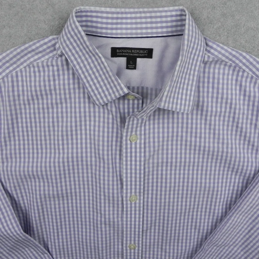 Banana Republic Shirt Mens Large Slim Fit Non-Iron Purple Gingham Cotton Button